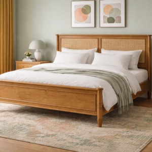 Solid Wood Cane Headboard Bed – Modern Mid-Century Wooden King Size Bed Frame