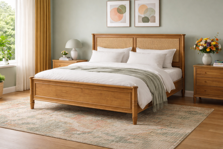 Solid Wood Cane Headboard Bed – Modern Mid-Century Wooden King Size Bed Frame