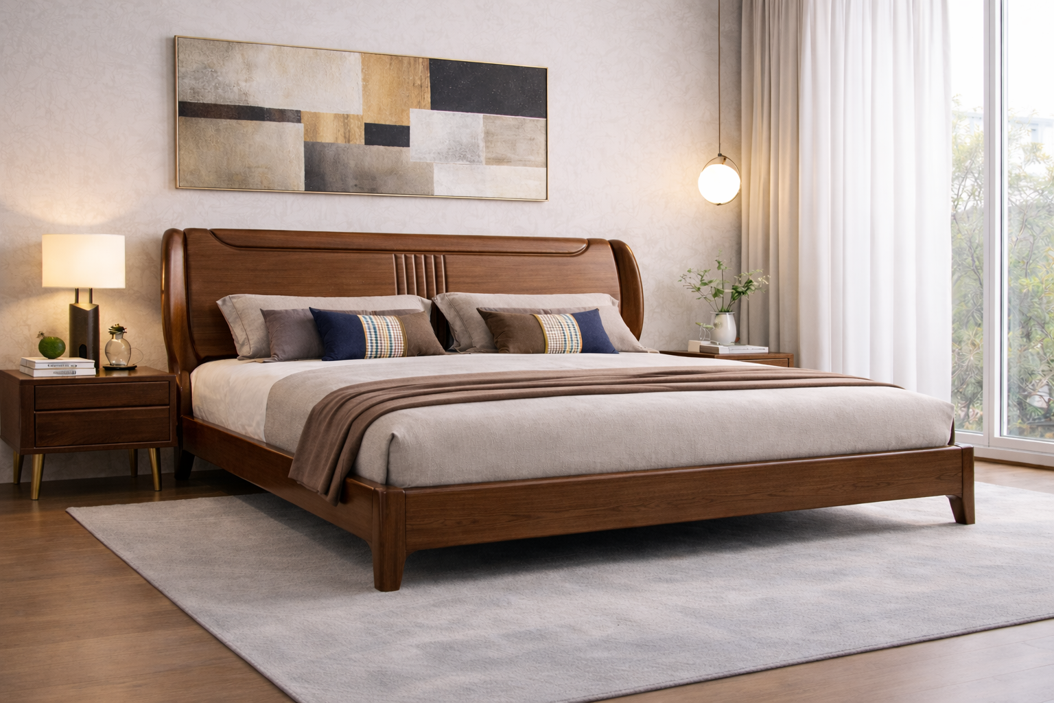 Sculpted Walnut Sleigh Bed in Solid Wood